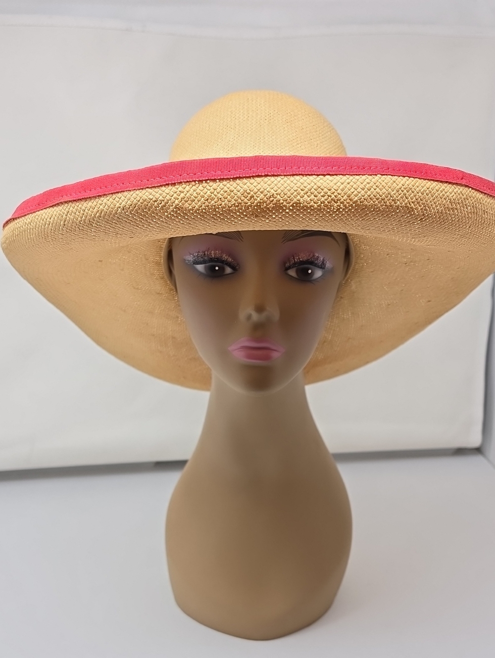 Wide Brim MadCaps Vintage Straw Sun Hat with Red Trim - Women Accessories